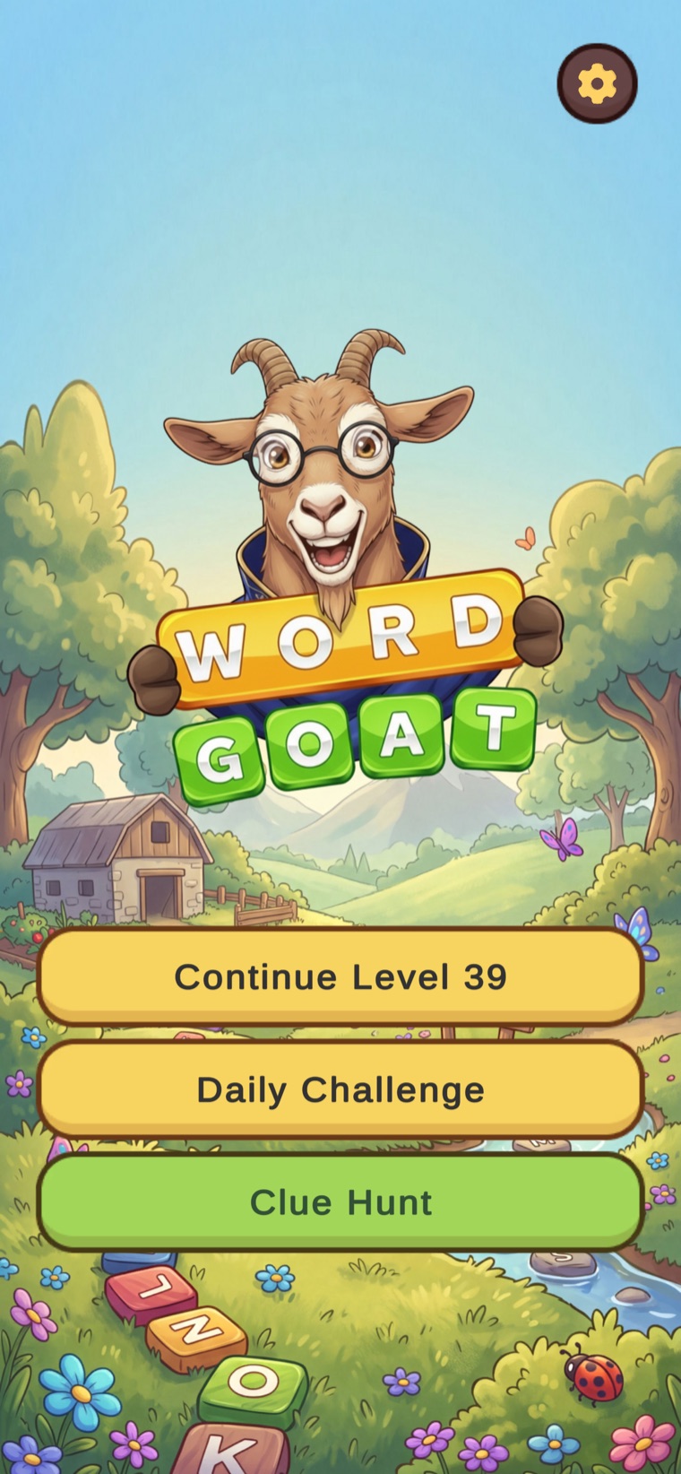 The WordGOAT main menu: the goat above a painted meadow, with Continue, Daily Challenge and Clue Hunt buttons