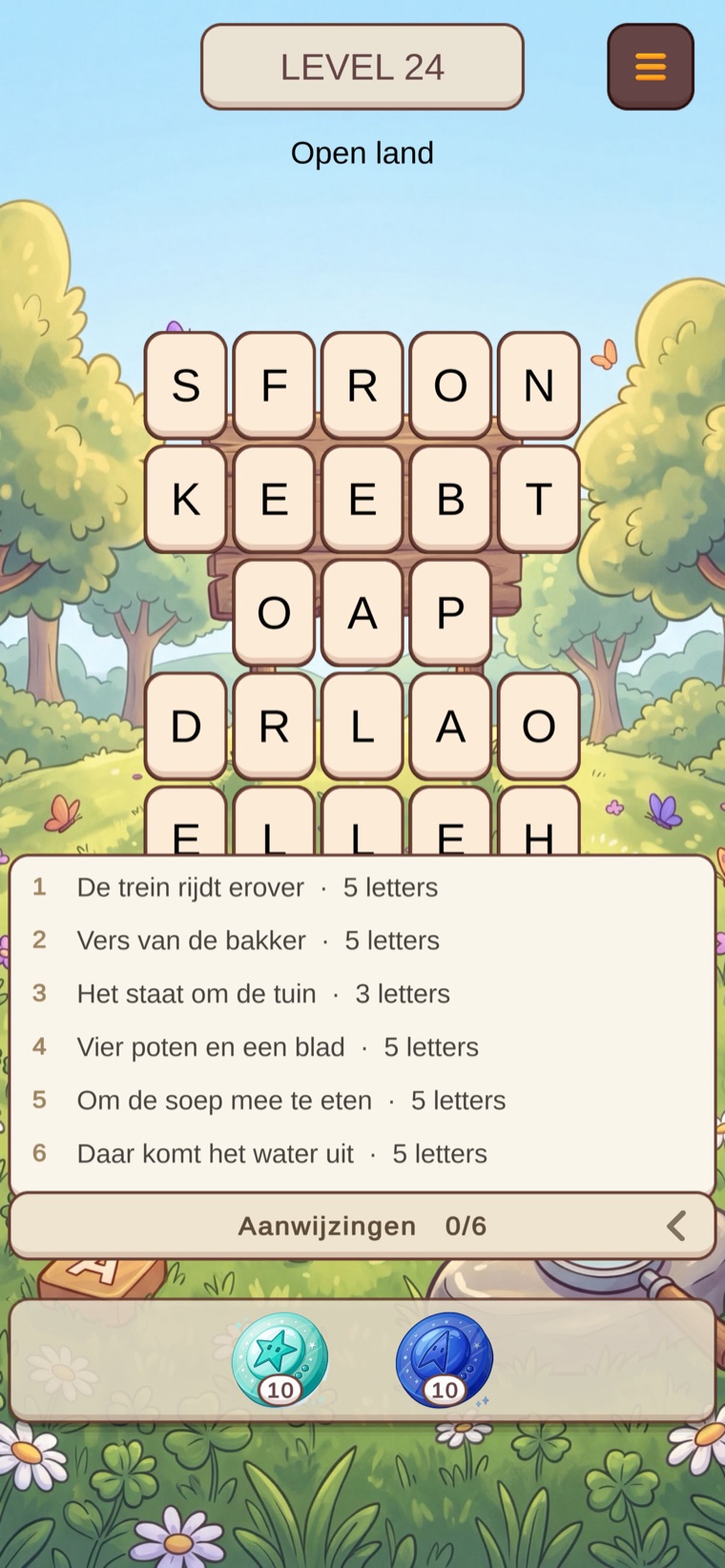Woordjacht-voorbeeld: een puzzelbord met zijn uitschuifbare lijst aanwijzingen