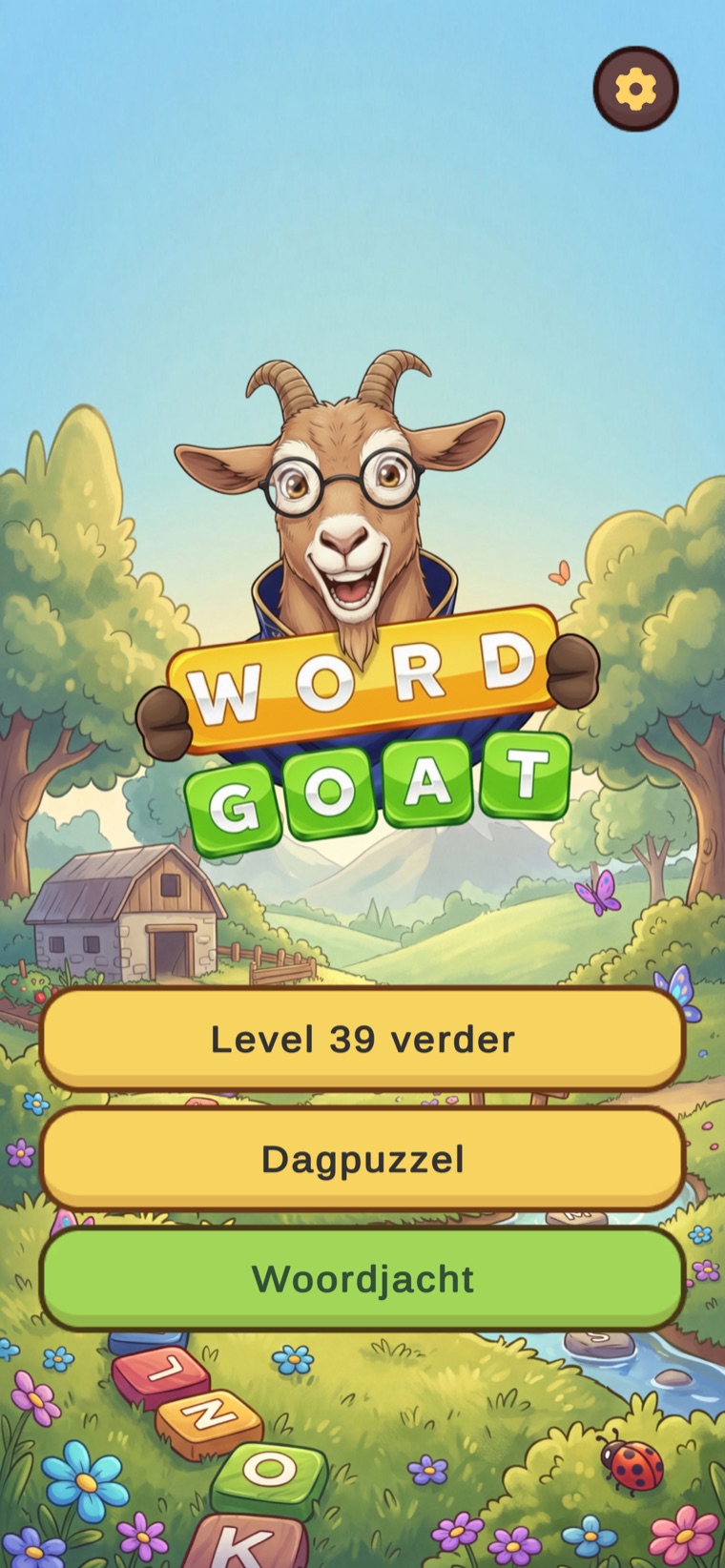 WordGOAT-voorbeeld: de geit met bril op een geschilderde weide met het hoofdmenu